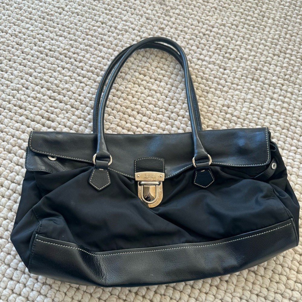 PRADA Tessuto Nylon Vitello Foldover Pushlock Satchel Black